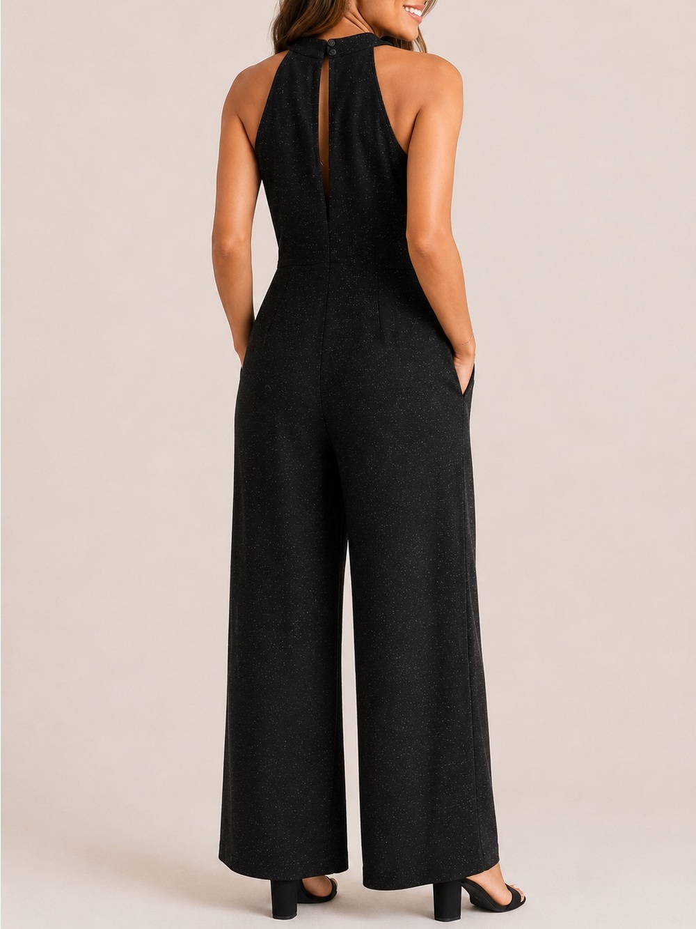 Nina Leonard Black Shimmer Halter Wide-Leg Jumpsuit - Picture 3 of 6
